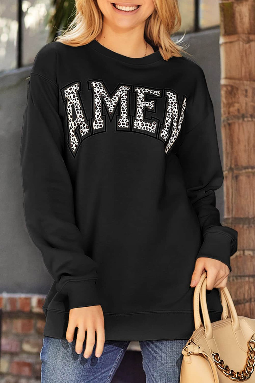 Black AMEN Leopard Letter Print Oversized Pullover Sweatshirt