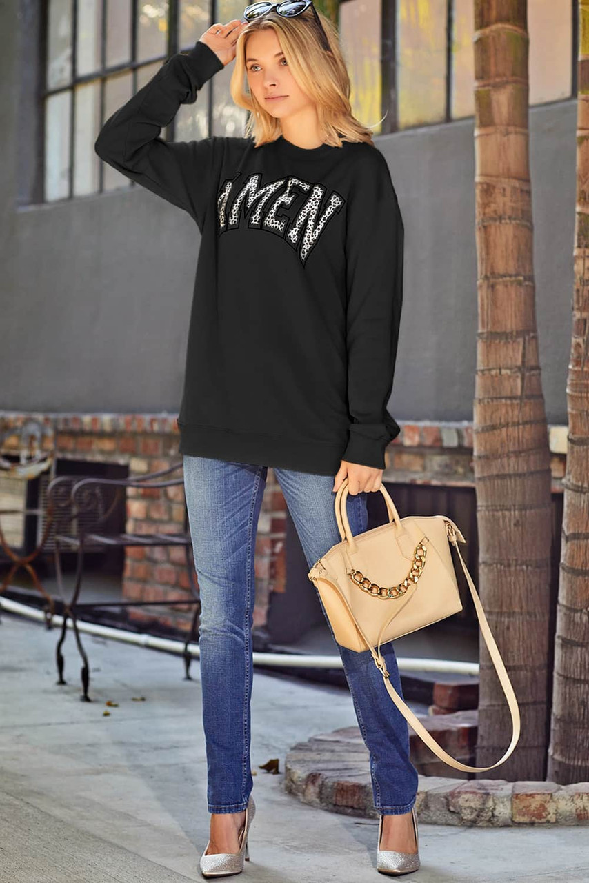 Black AMEN Leopard Letter Print Oversized Pullover Sweatshirt