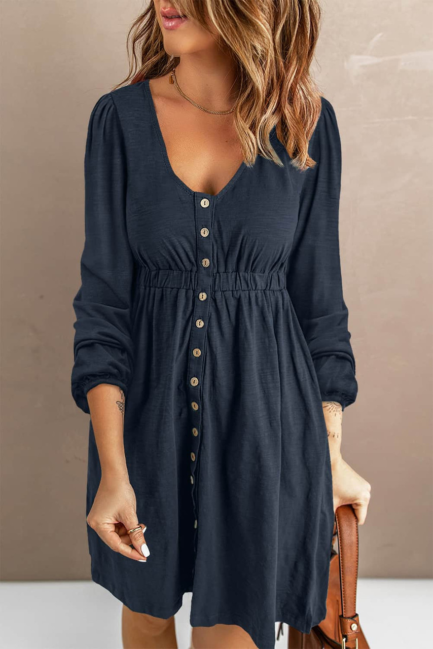 Dark Blue Button Up High Waist Long Sleeve Dress