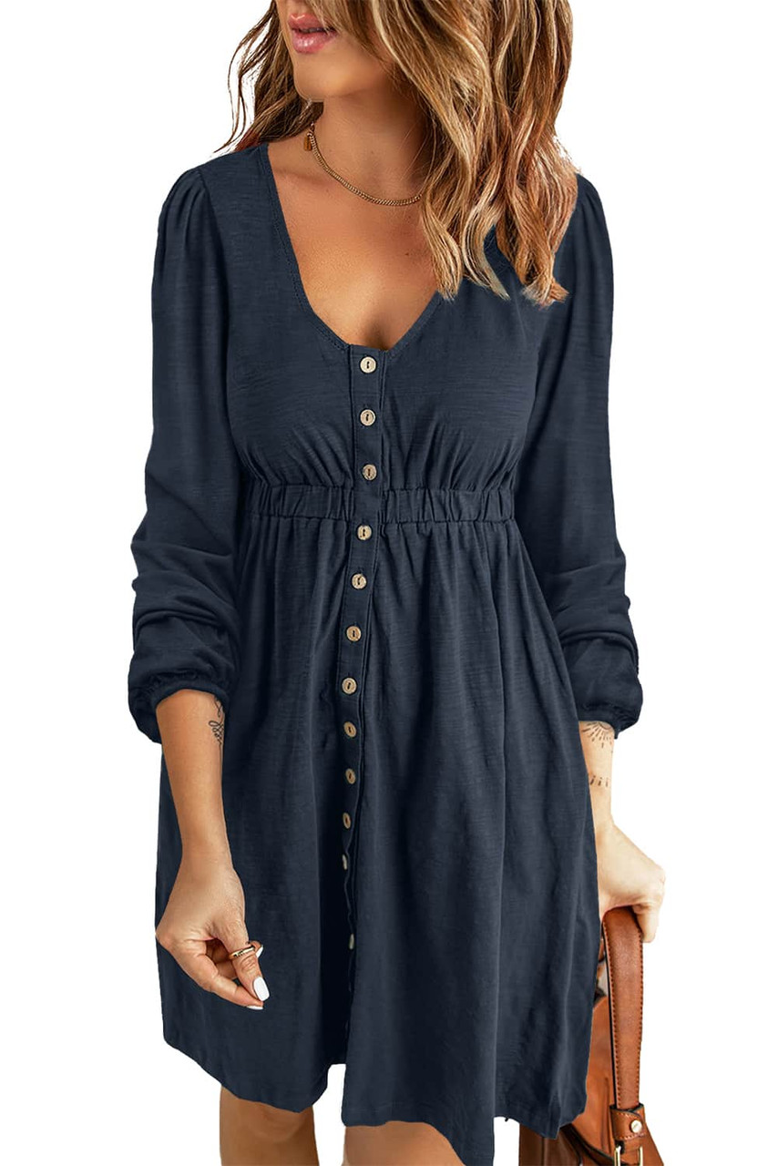 Dark Blue Button Up High Waist Long Sleeve Dress