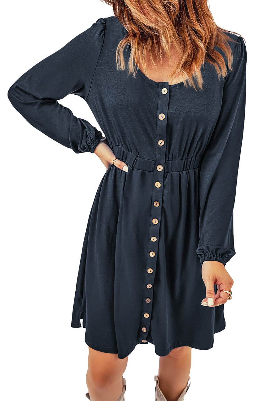 Dark Blue Button Up High Waist Long Sleeve Dress