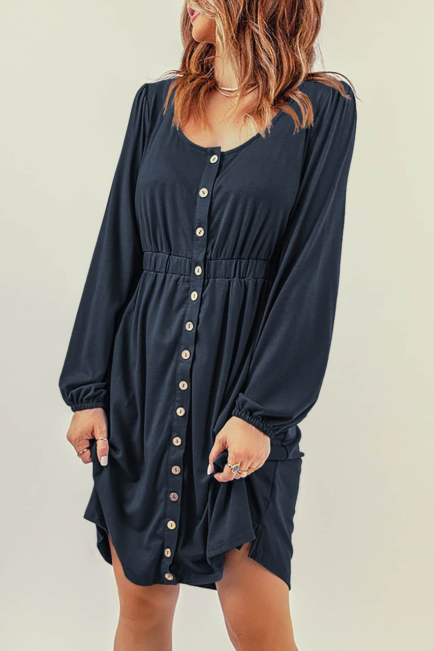 Dark Blue Button Up High Waist Long Sleeve Dress