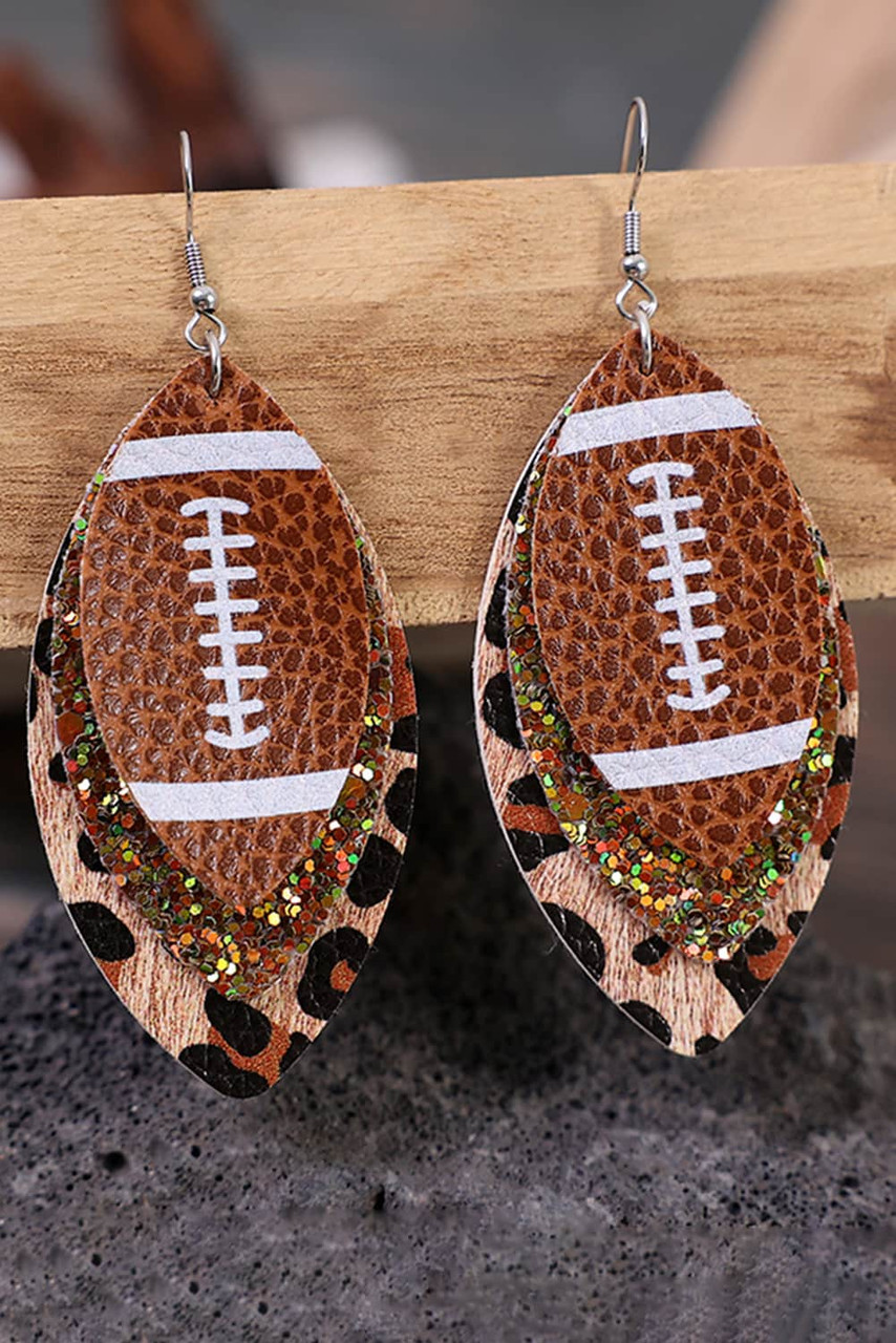 Brown Layer Glitter Leather Rugby Baseball Softball Leopard Earrings