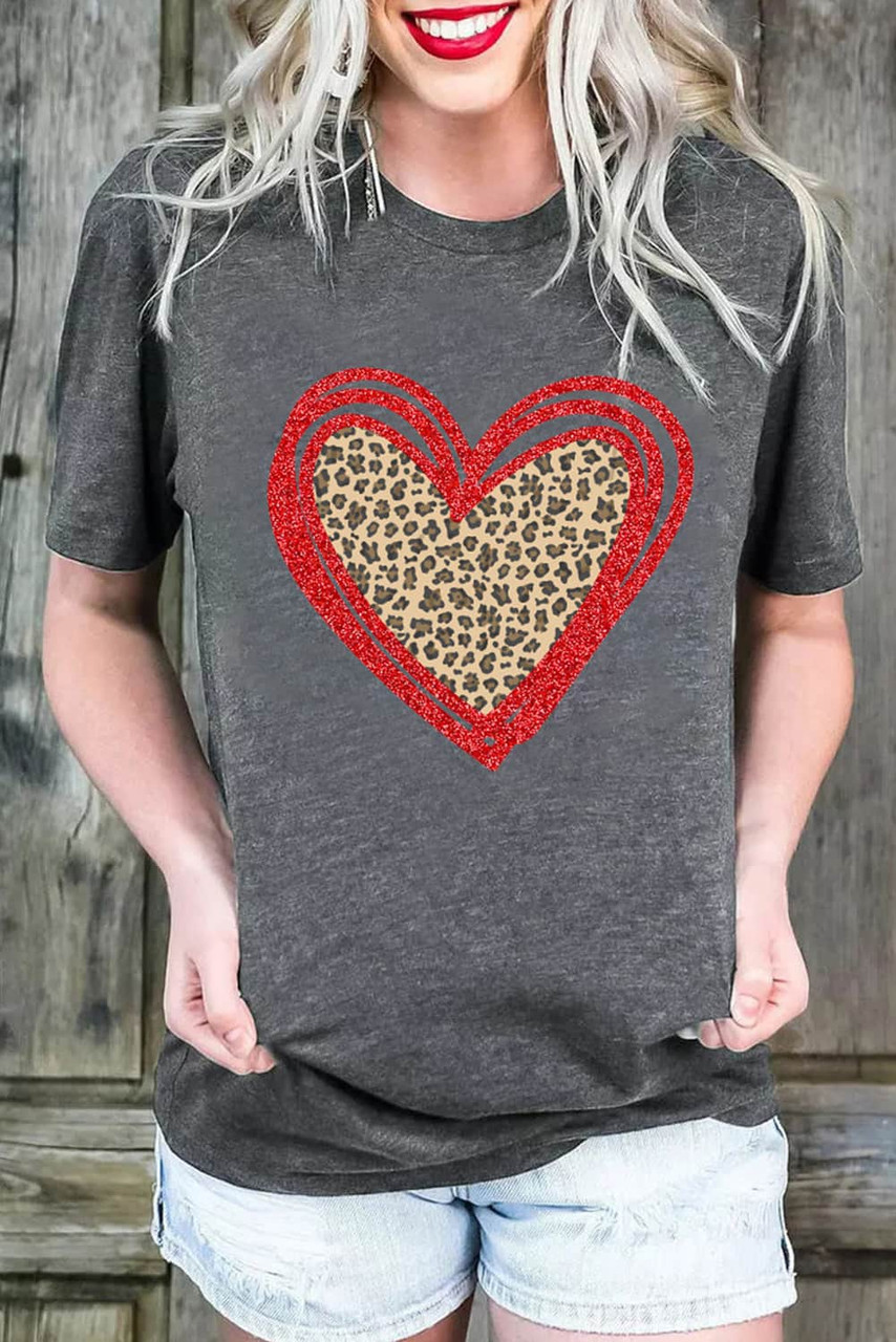 Gray Sequin Leopard Heart Graphic T-shirt
