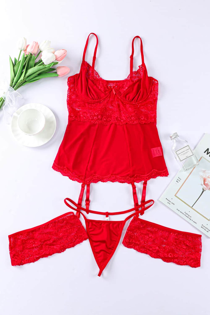 Red Lace Mesh Patchwork Bustier 3pcs Lingerie Set