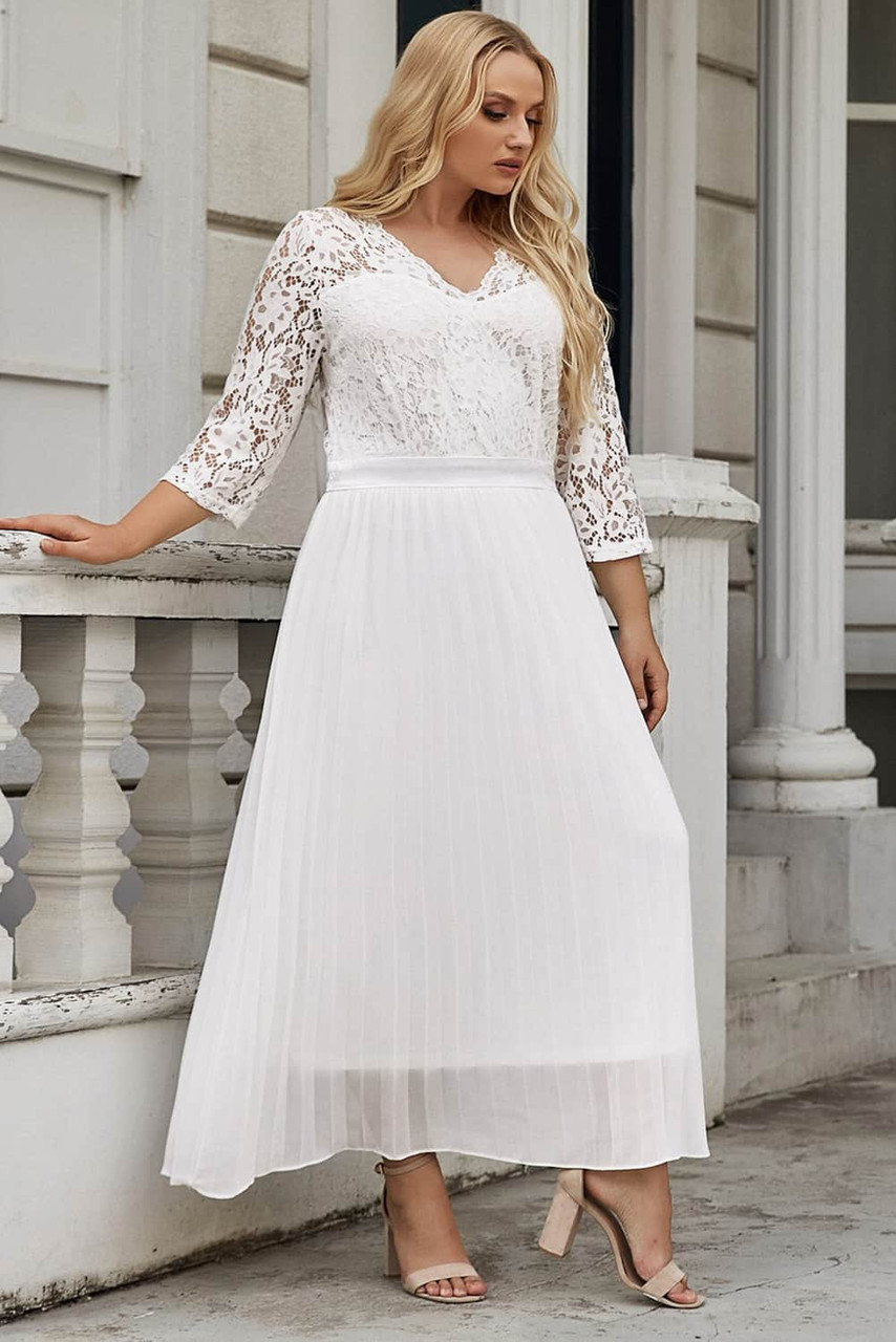 White Lace Scalloped V Neck 3/4 Sleeves Pleated Tulle Plus Maxi Dress White Lace Scalloped V Neck 3/4 Sleeves Pleated Tulle Plus Maxi Dress