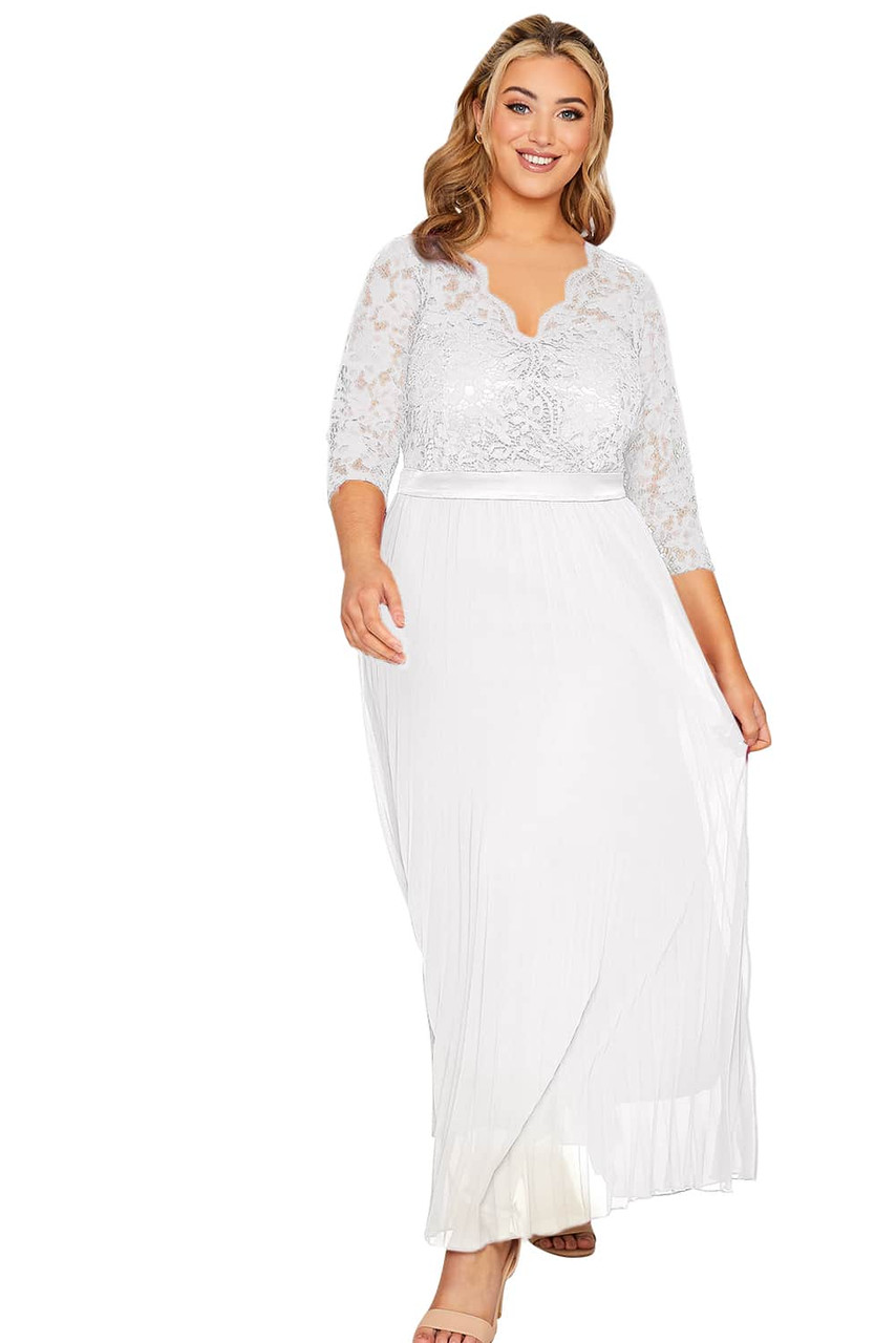 White Lace Scalloped V Neck 3/4 Sleeves Pleated Tulle Plus Maxi Dress White Lace Scalloped V Neck 3/4 Sleeves Pleated Tulle Plus Maxi Dress