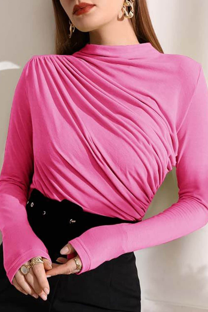 Rose Ruched Front Long Sleeve Mock Neck Top