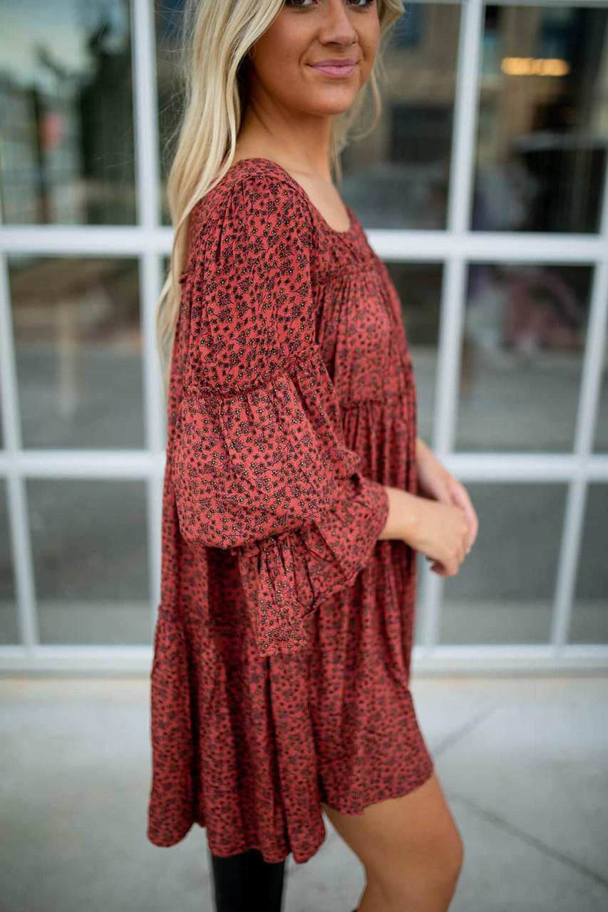 Red Floral Print Tiered Ruffled Square Neck Babydoll Dress