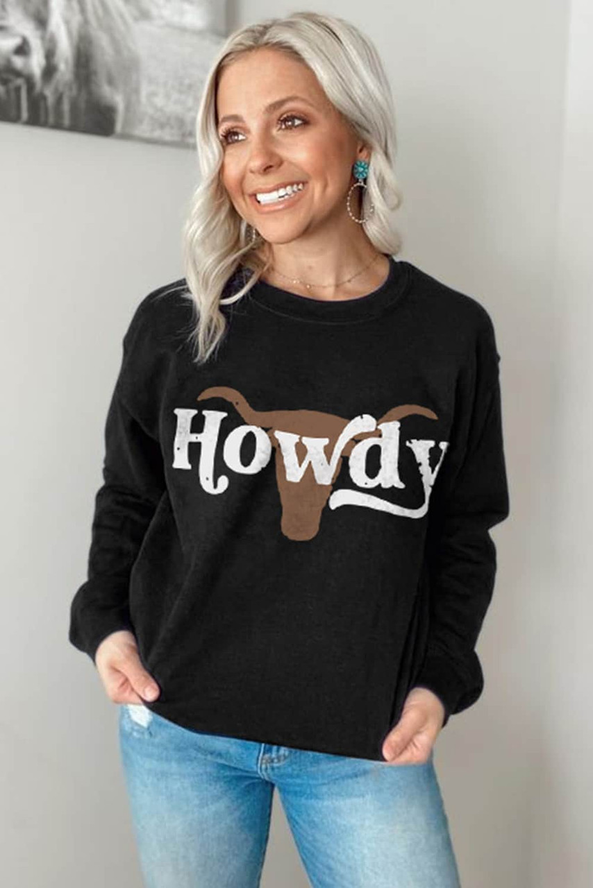 Black HOWDY Steer Head Print Long Sleeve Sweatshirt