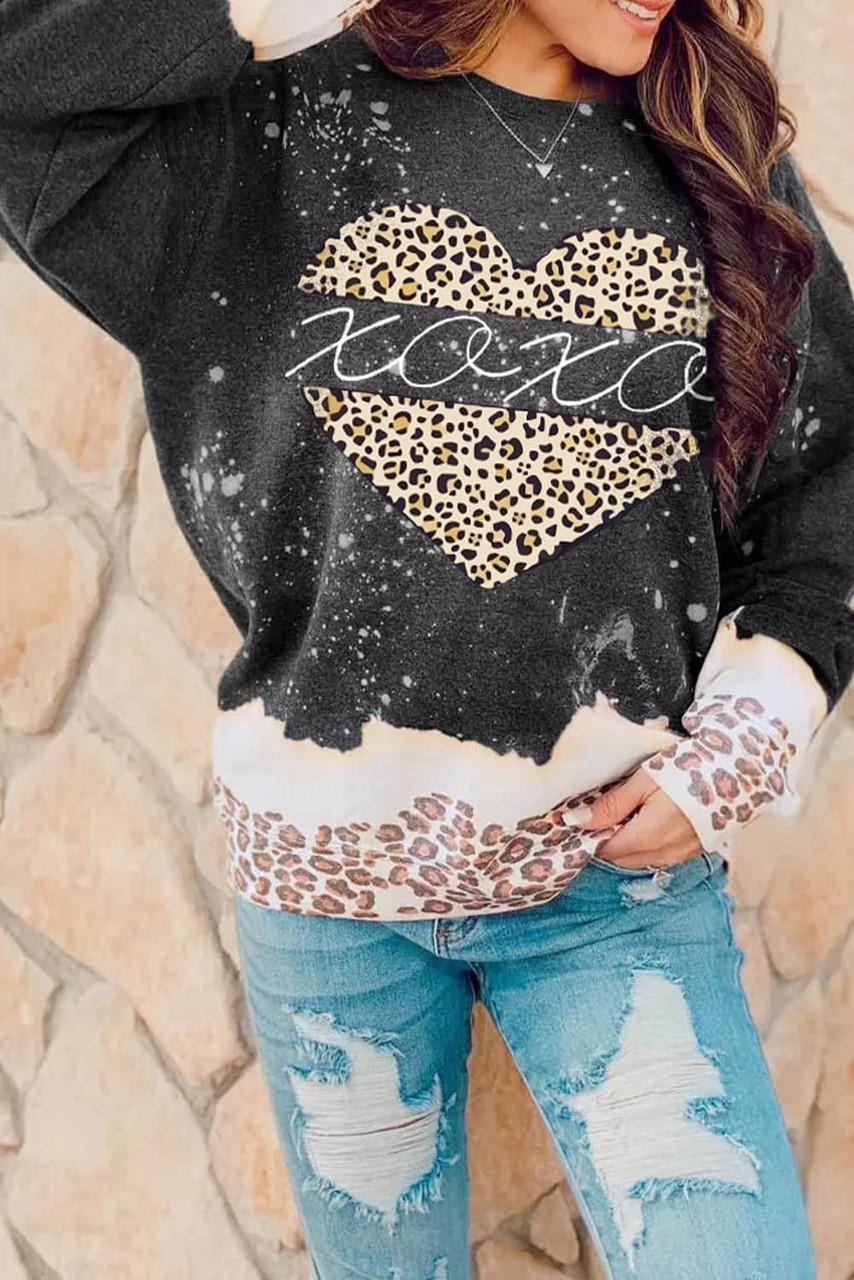 Black XOXO Heart Leopard Splicing Pullover Sweatshirt