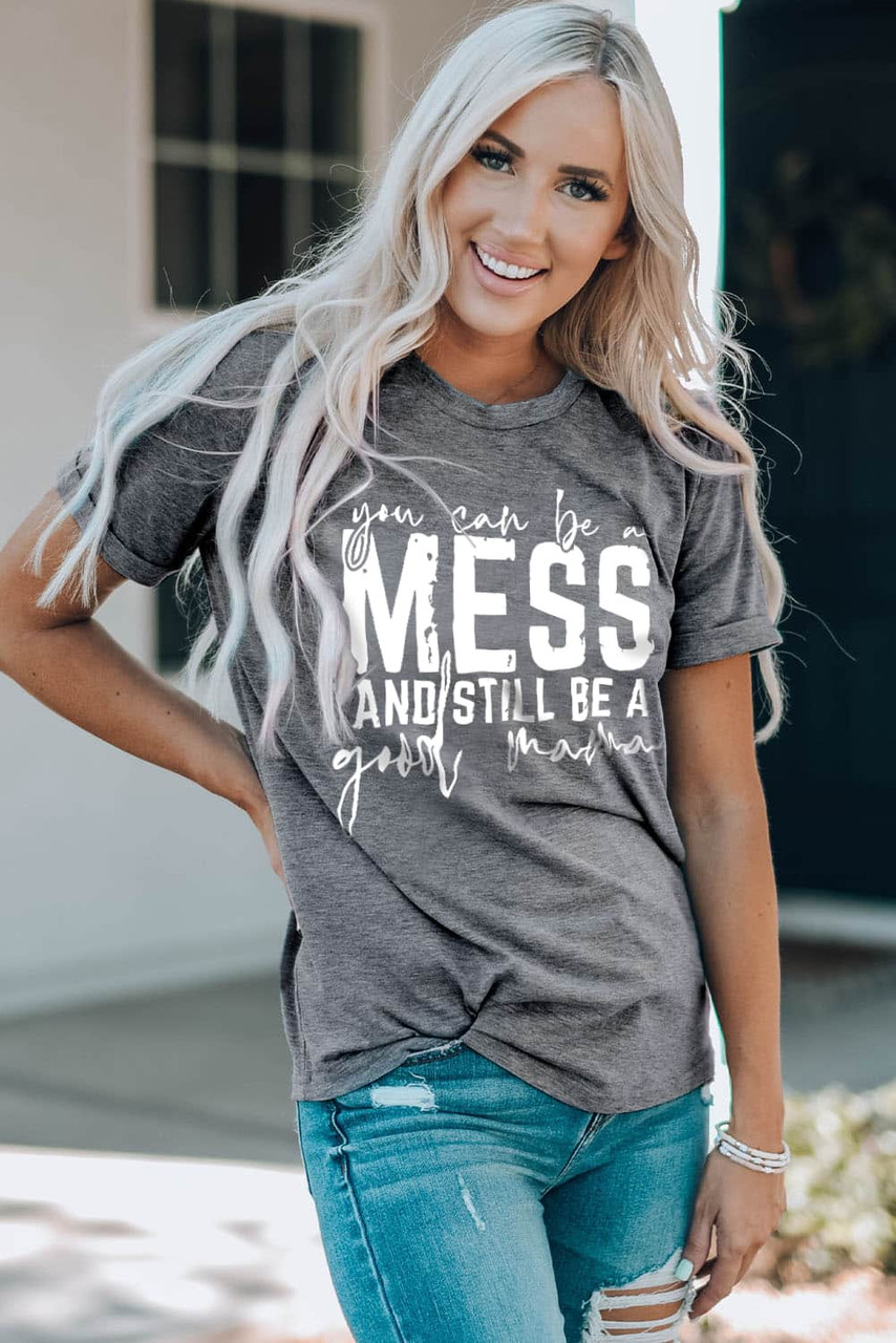 Gray MESS Letter Print Short Sleeve Graphic Tee