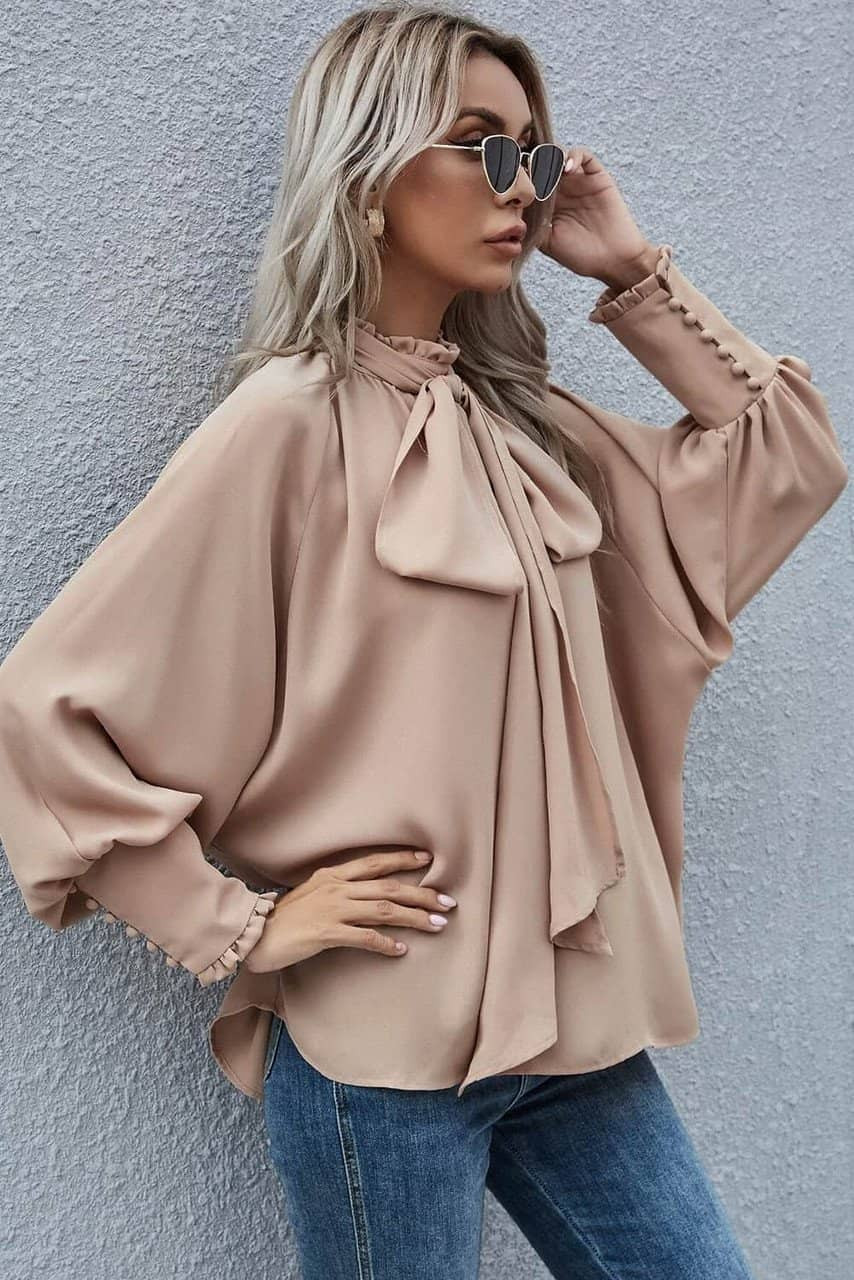Khaki Frilled Knotted Mock Neck Bishop Sleeve Blouse Khaki Frilled Knotted Mock Neck Bishop Sleeve Blouse