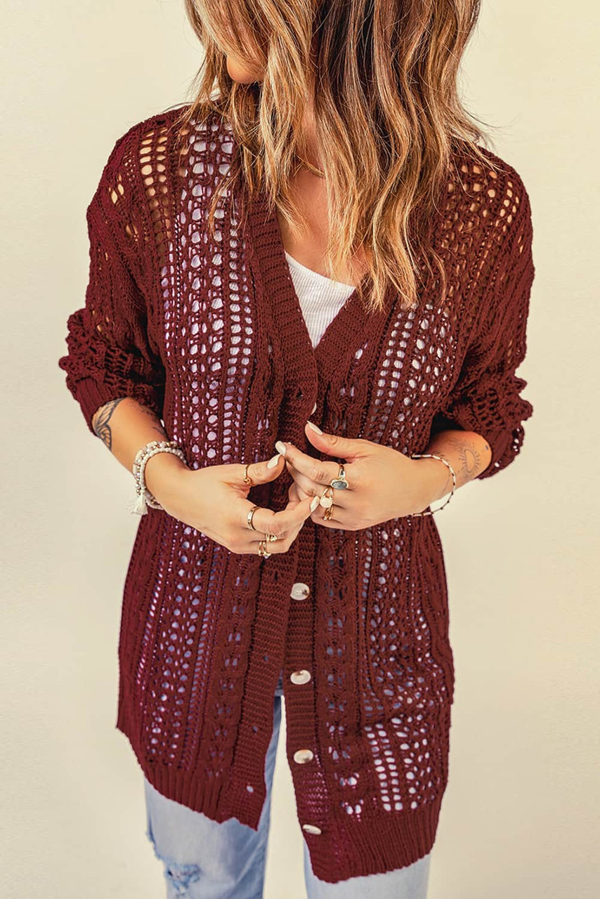 Wine Red Drop Sleeve Crochet Knit Cardigan