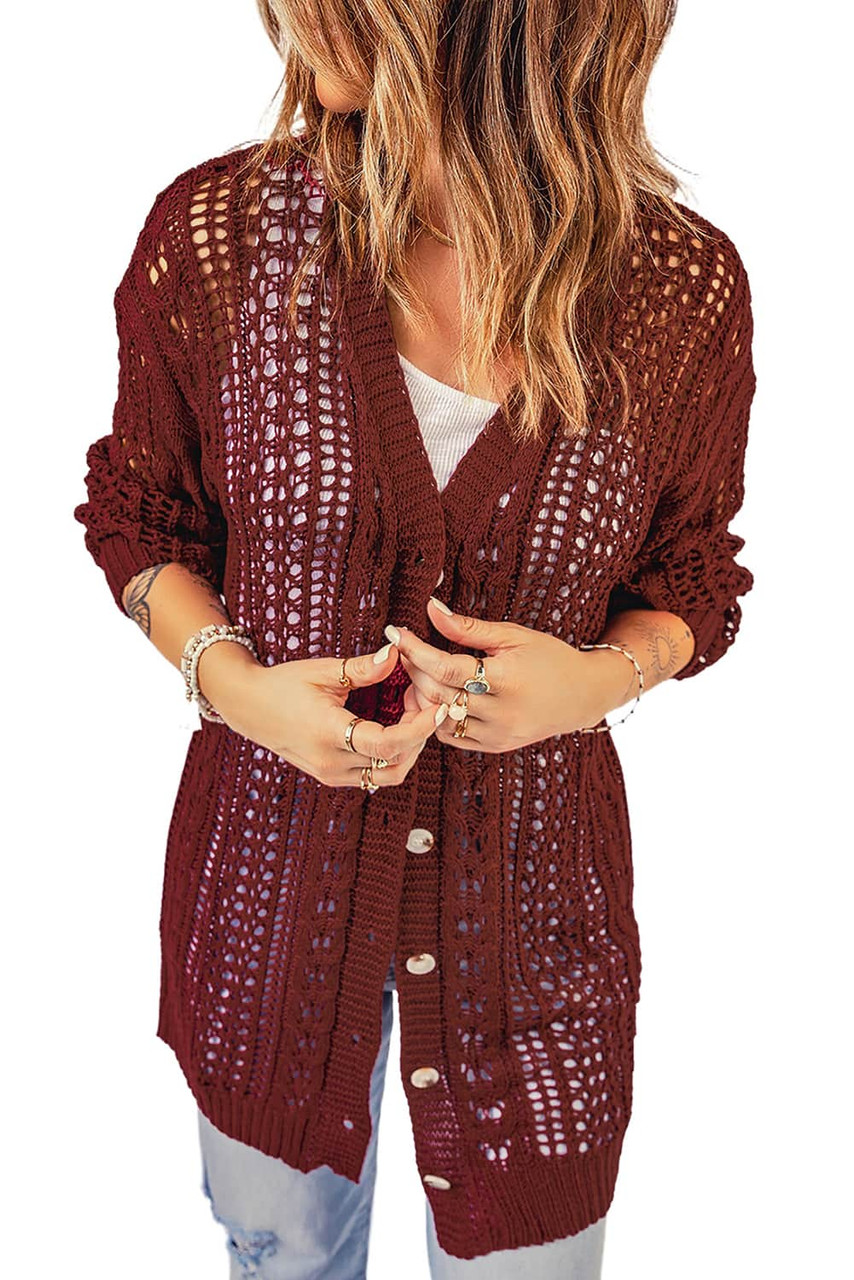 Wine Red Drop Sleeve Crochet Knit Cardigan