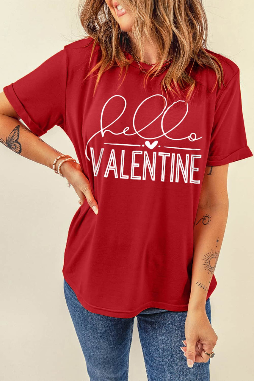 Red Hello Valentine Letter Print T Shirt