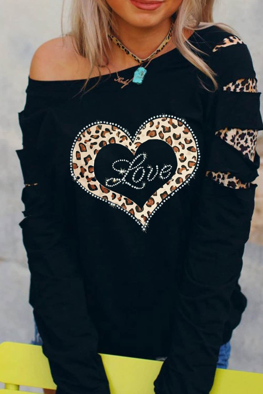 Black Leopard Rhinestone Heart Graphic Slash Sleeve Sweatshirt