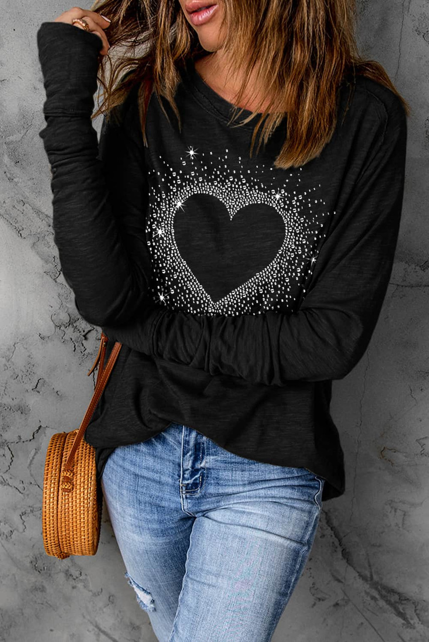 Black Rhinestone Heart Shape Print Long Sleeve Top