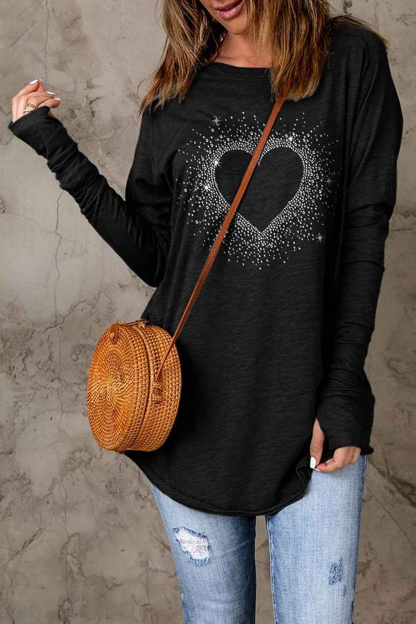 Black Rhinestone Heart Shape Print Long Sleeve Top