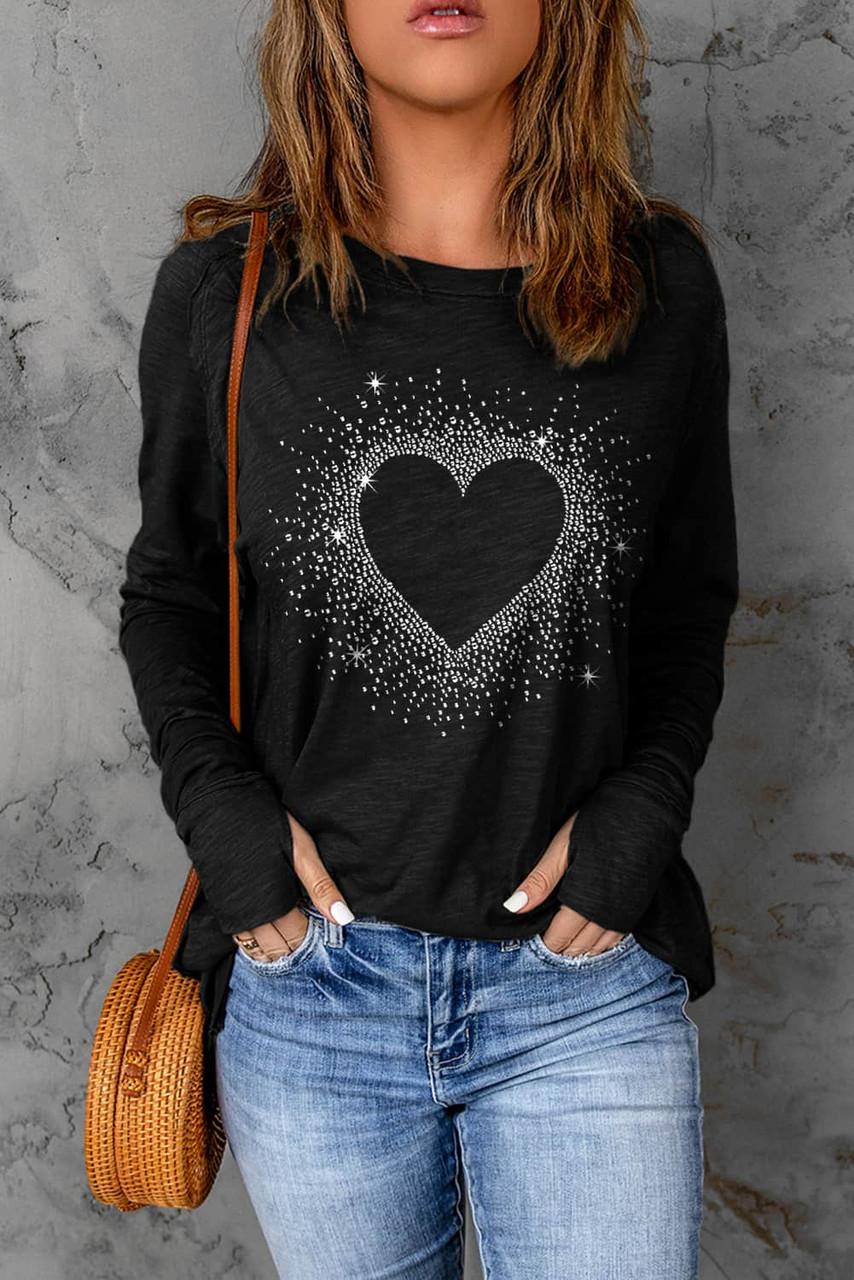 Black Rhinestone Heart Shape Print Long Sleeve Top