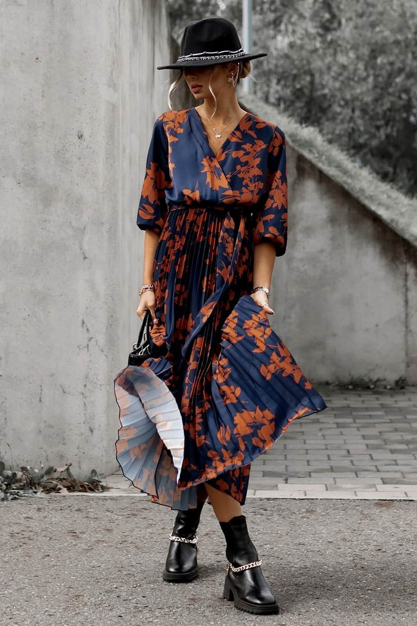 Orange V Neck Wrap Pleated Maxi Floral Dress with Tie