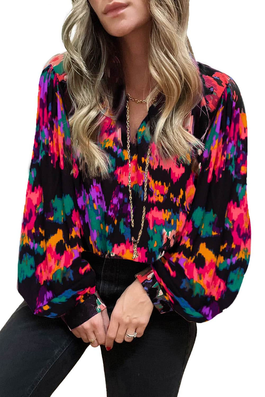 Black Purple Graffiti Printed V Neck Puff Sleeve Blouse