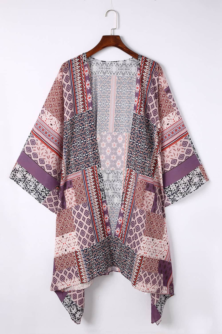 Pink Geometric Print Open Front Kimono