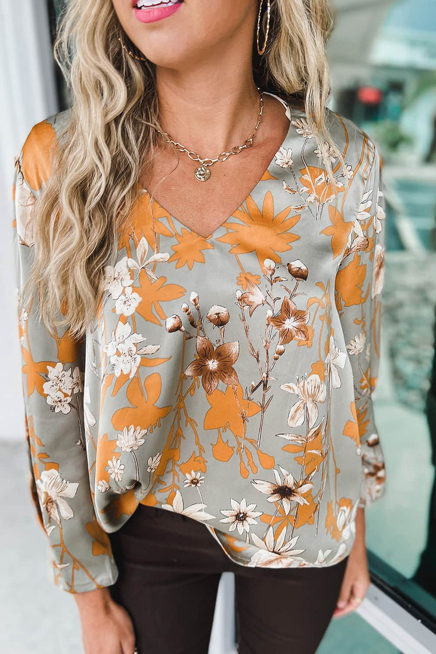 Green Floral Print Long Sleeve V Neck Blouse