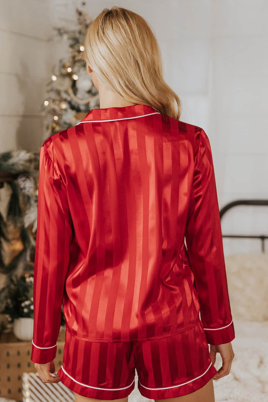 Red Striped Print Buttoned Shirt and Drawstring Shorts Lounge Set