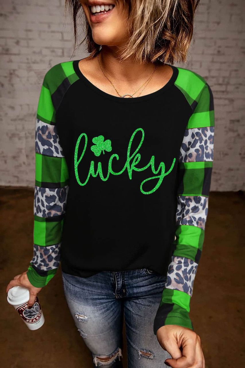 Green Lucky Clover Glitter Pattern Leopard Plaid Splicing Top