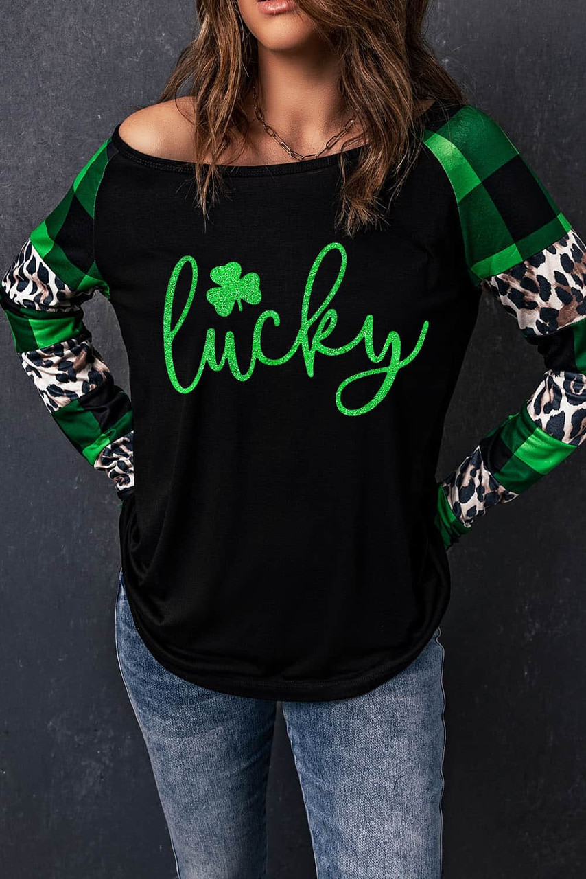 Green Lucky Clover Glitter Pattern Leopard Plaid Splicing Top