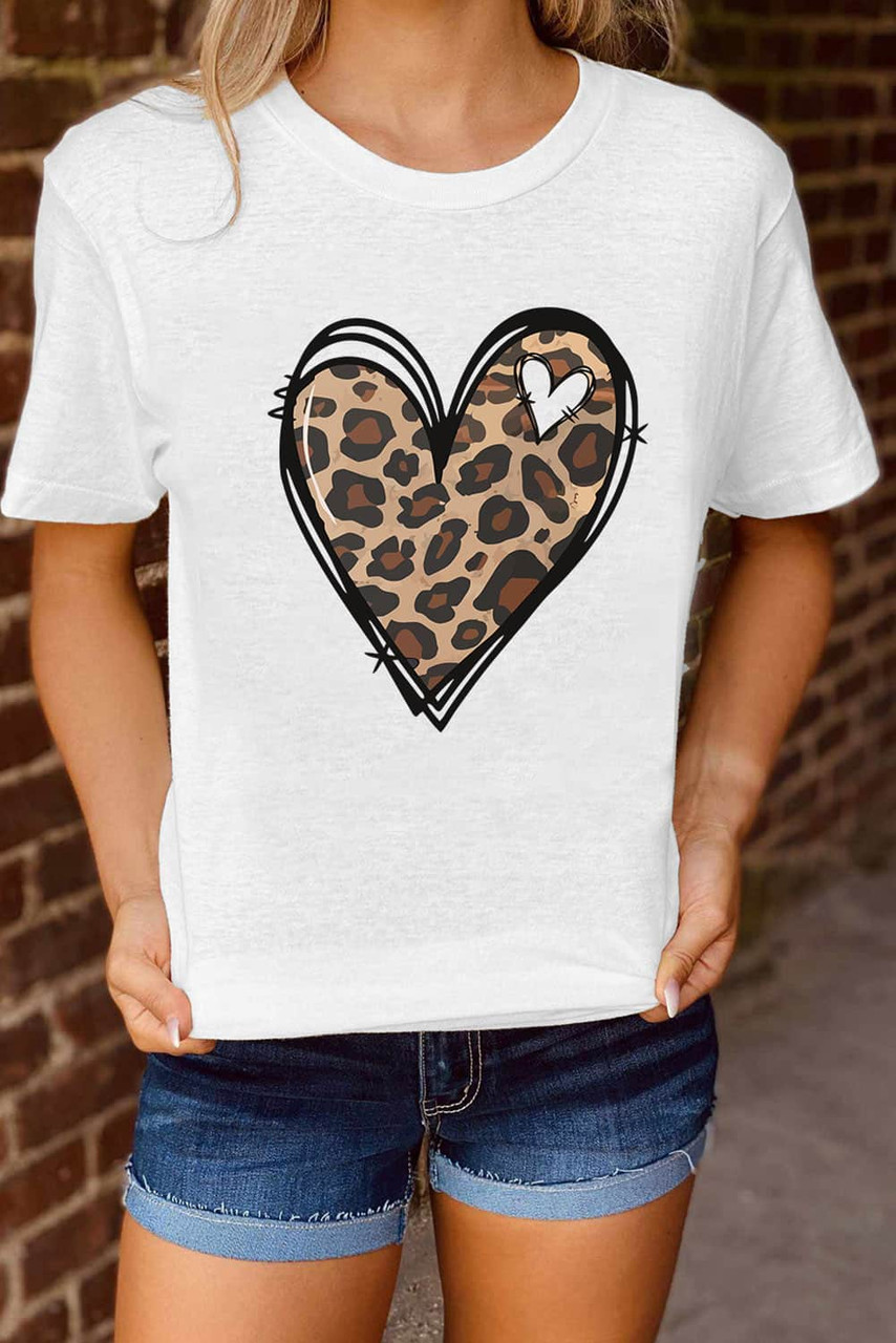 White Leopard Heart Pattern Print Valentines T Shirt