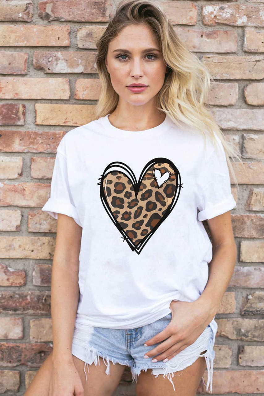 White Leopard Heart Pattern Print Valentines T Shirt