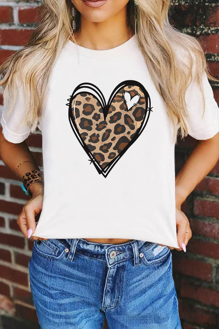 White Leopard Heart Pattern Print Valentines T Shirt