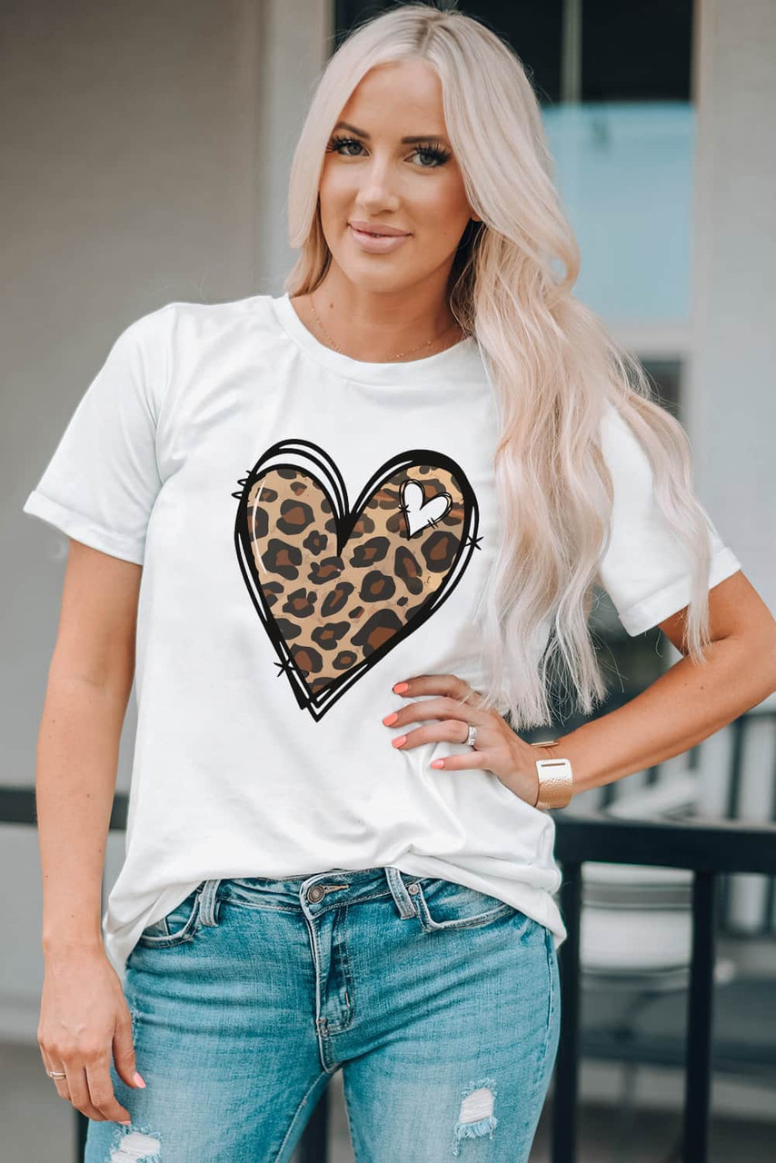 White Leopard Heart Pattern Print Valentines T Shirt