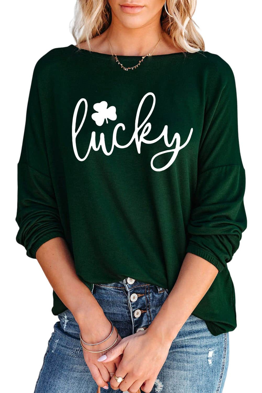 Green Lucky Clover Graphic Print Long Sleeve Top