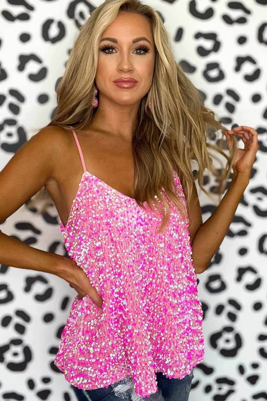 Pink Sequin Adjustable Straps Tank Top Pink Sequin Adjustable Straps Tank Top