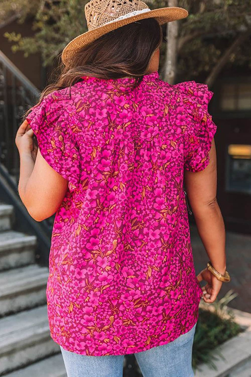 Rose Rose Floral Print Ruffle Sleeve Plus Size Shift Top