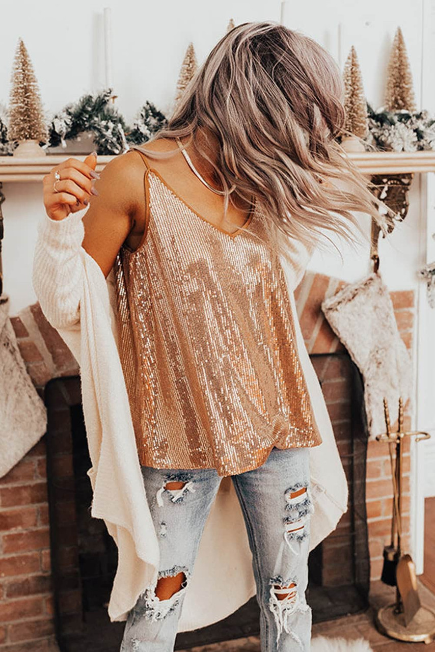 Apricot Spaghetti Straps Sequin Tank Top