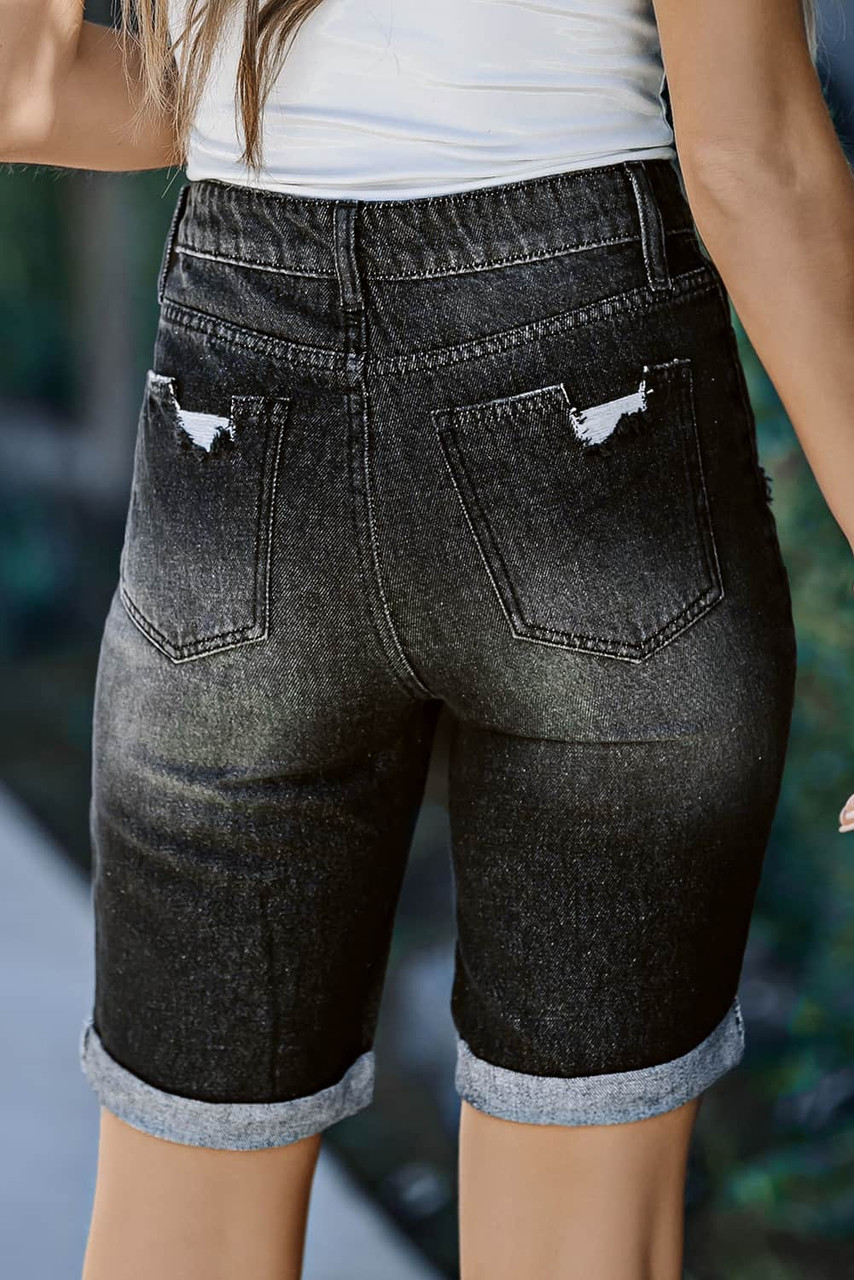 Black Roll-up Distressed Bermuda Denim Shorts