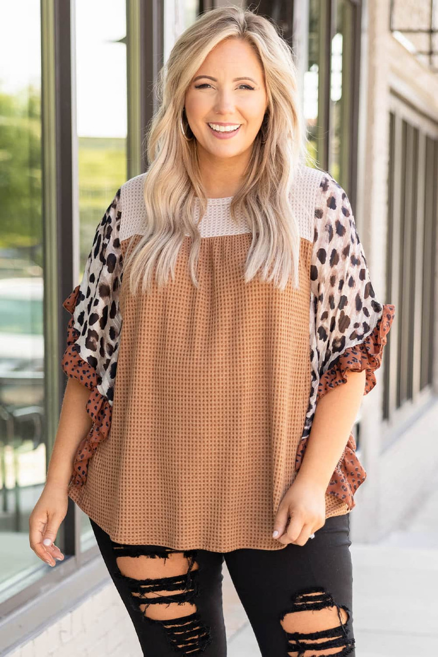 Khaki Waffle Knit Animal Print Ruffle Sleeves Plus Size Top