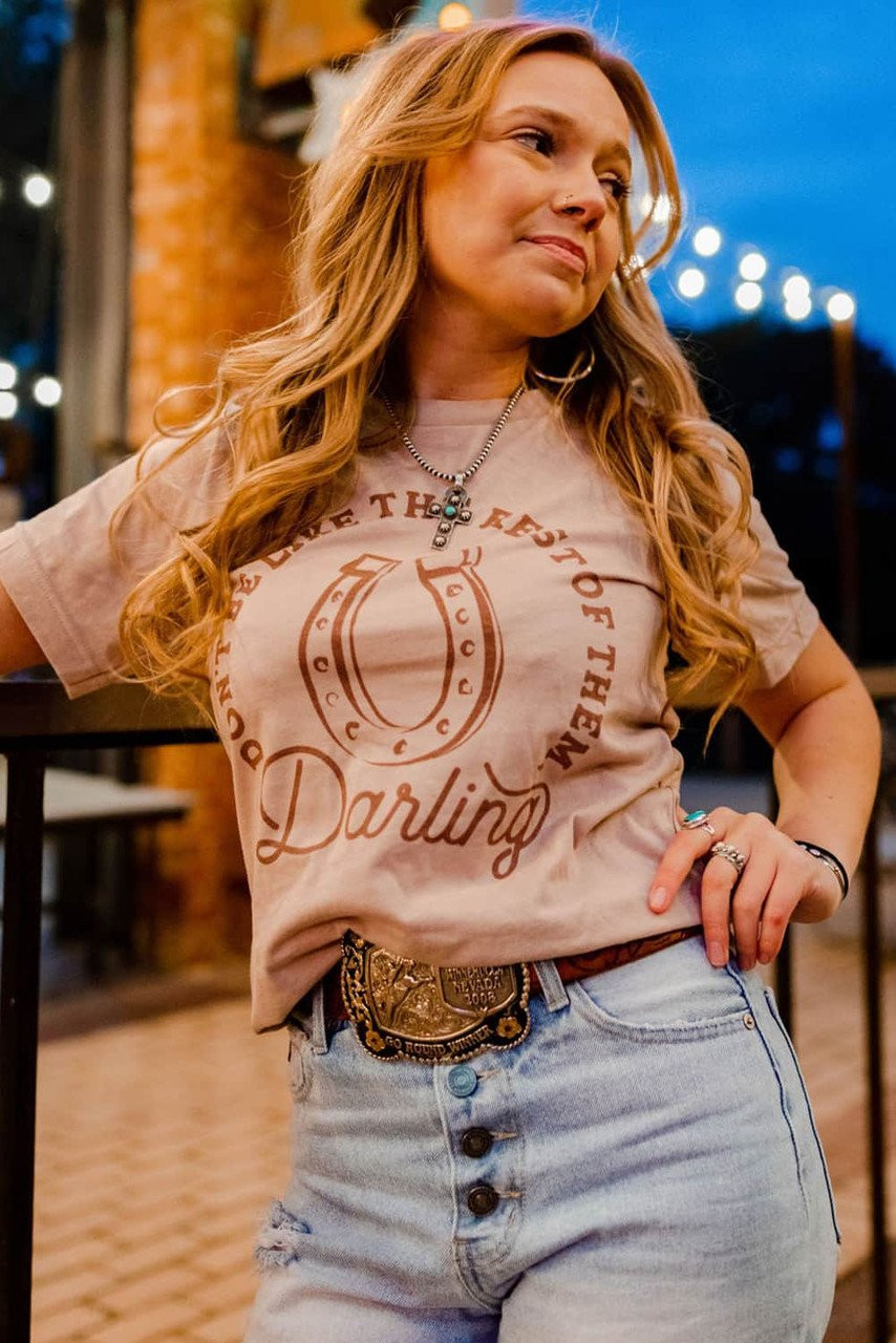 Khaki Darling Letter Graphic Print Short Sleeve T Shirt Khaki Darling Letter Graphic Print Short Sleeve T Shirt