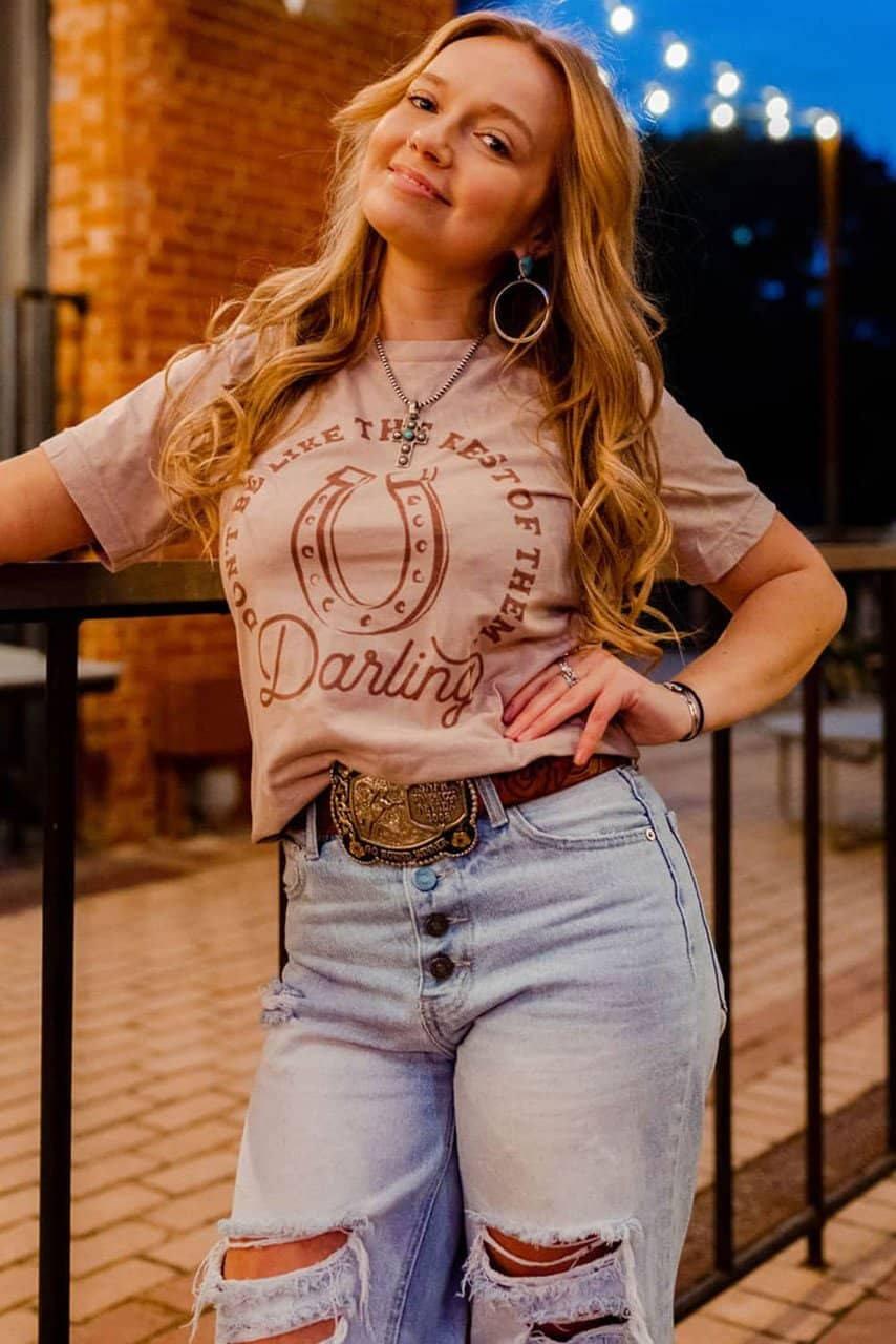 Khaki Darling Letter Graphic Print Short Sleeve T Shirt Khaki Darling Letter Graphic Print Short Sleeve T Shirt