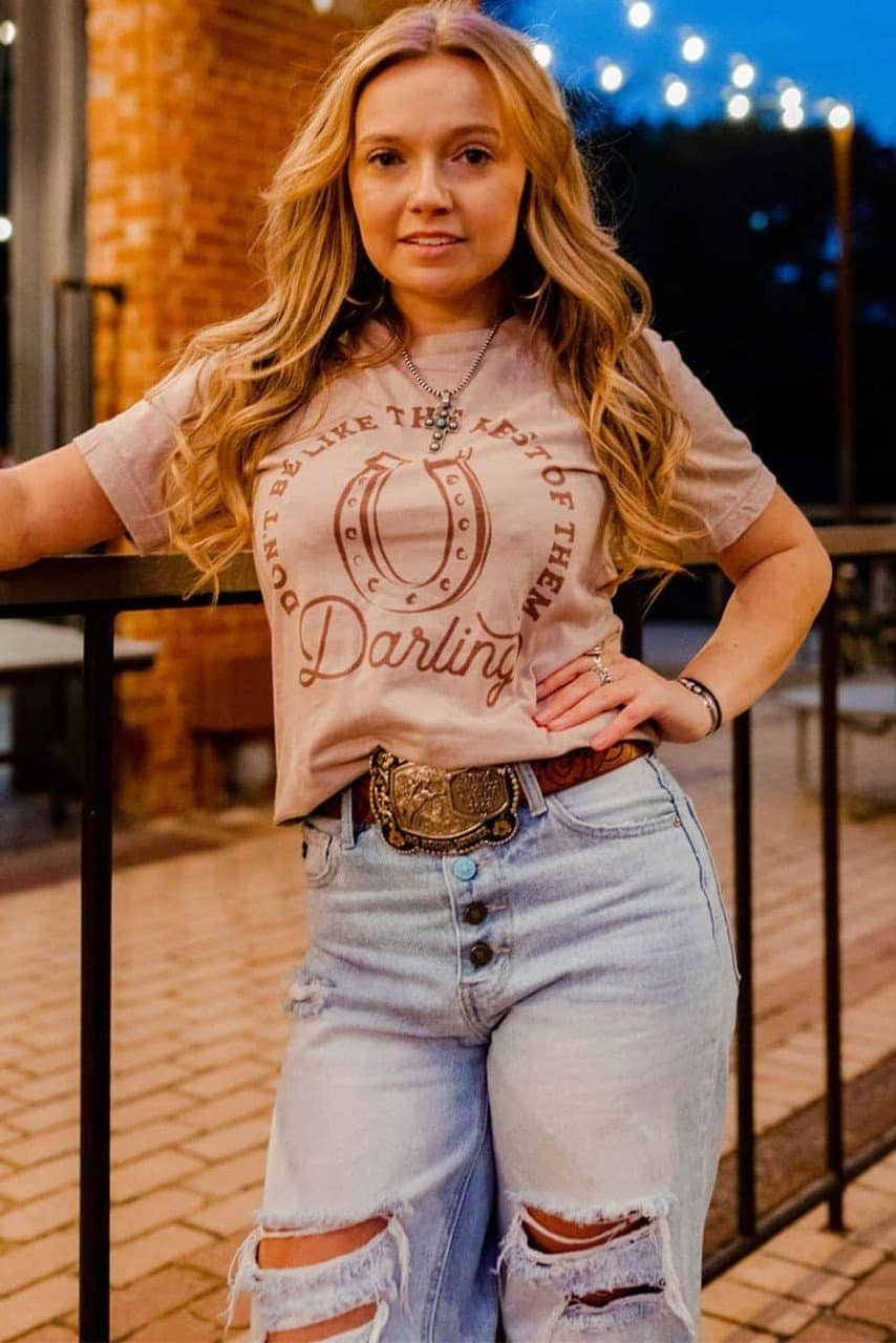 Khaki Darling Letter Graphic Print Short Sleeve T Shirt Khaki Darling Letter Graphic Print Short Sleeve T Shirt