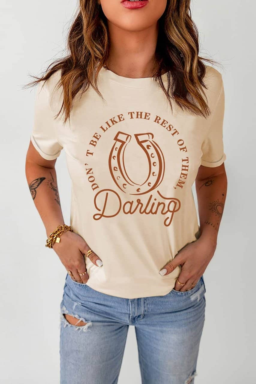 Khaki Darling Letter Graphic Print Short Sleeve T Shirt Khaki Darling Letter Graphic Print Short Sleeve T Shirt