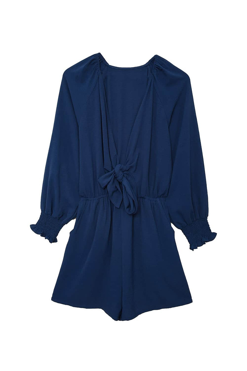 Navy Tie Knot Puff Long Sleeve Romper