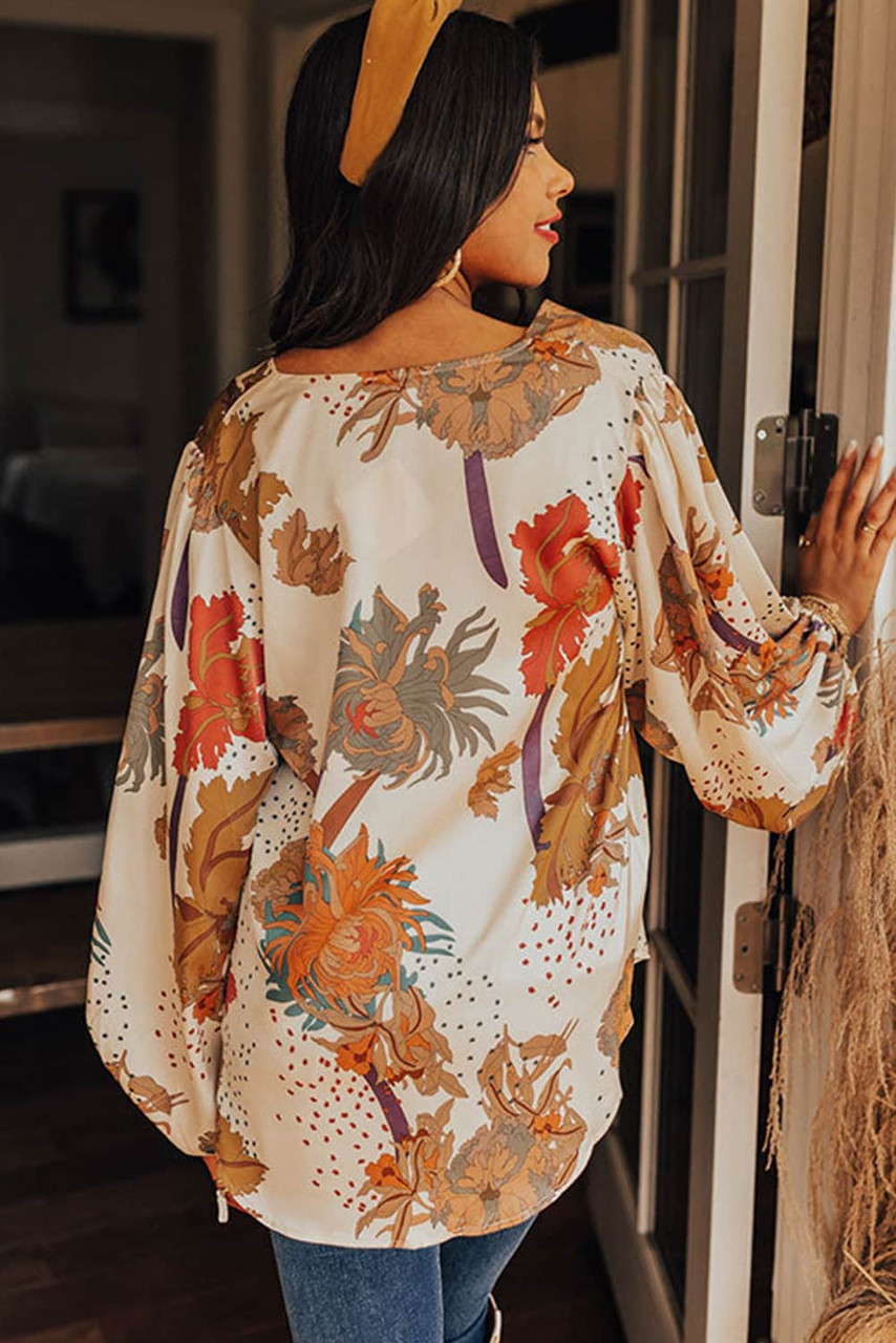 White V Neck Loose Sleeve Floral Blouse