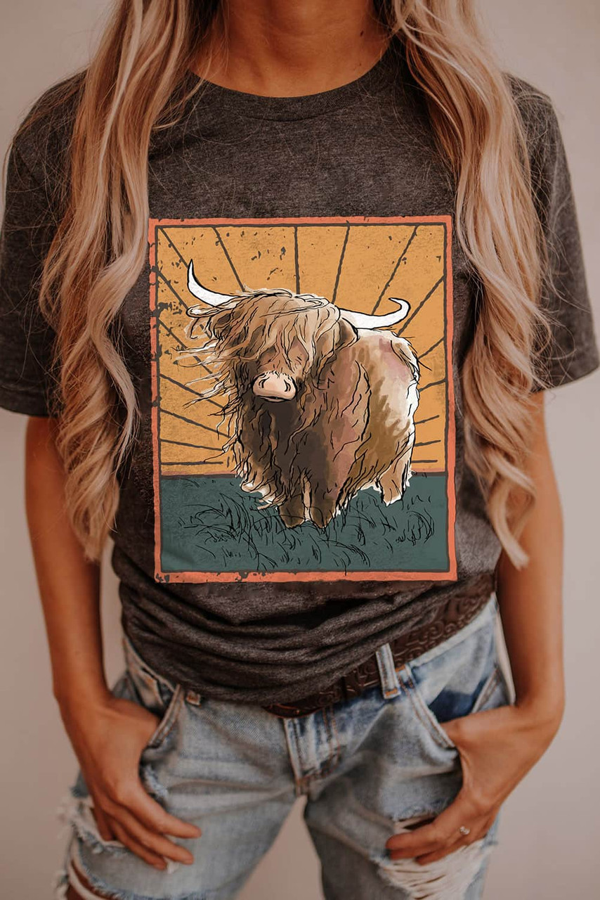 Gray Heifer Wild Land Western Fashion Graphic Tee