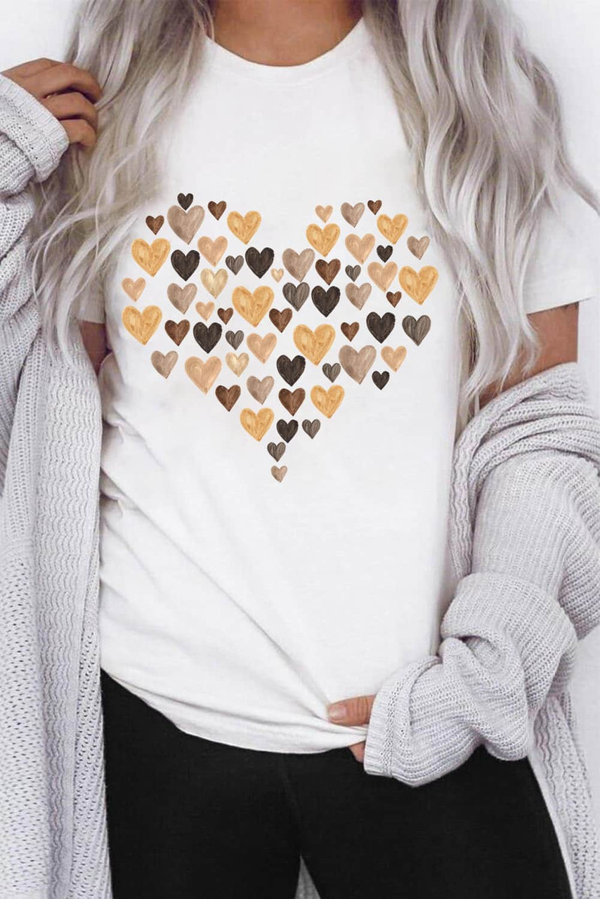 White Valentine\'s Day Heart Shaped Print Crew Neck Graphic Tee