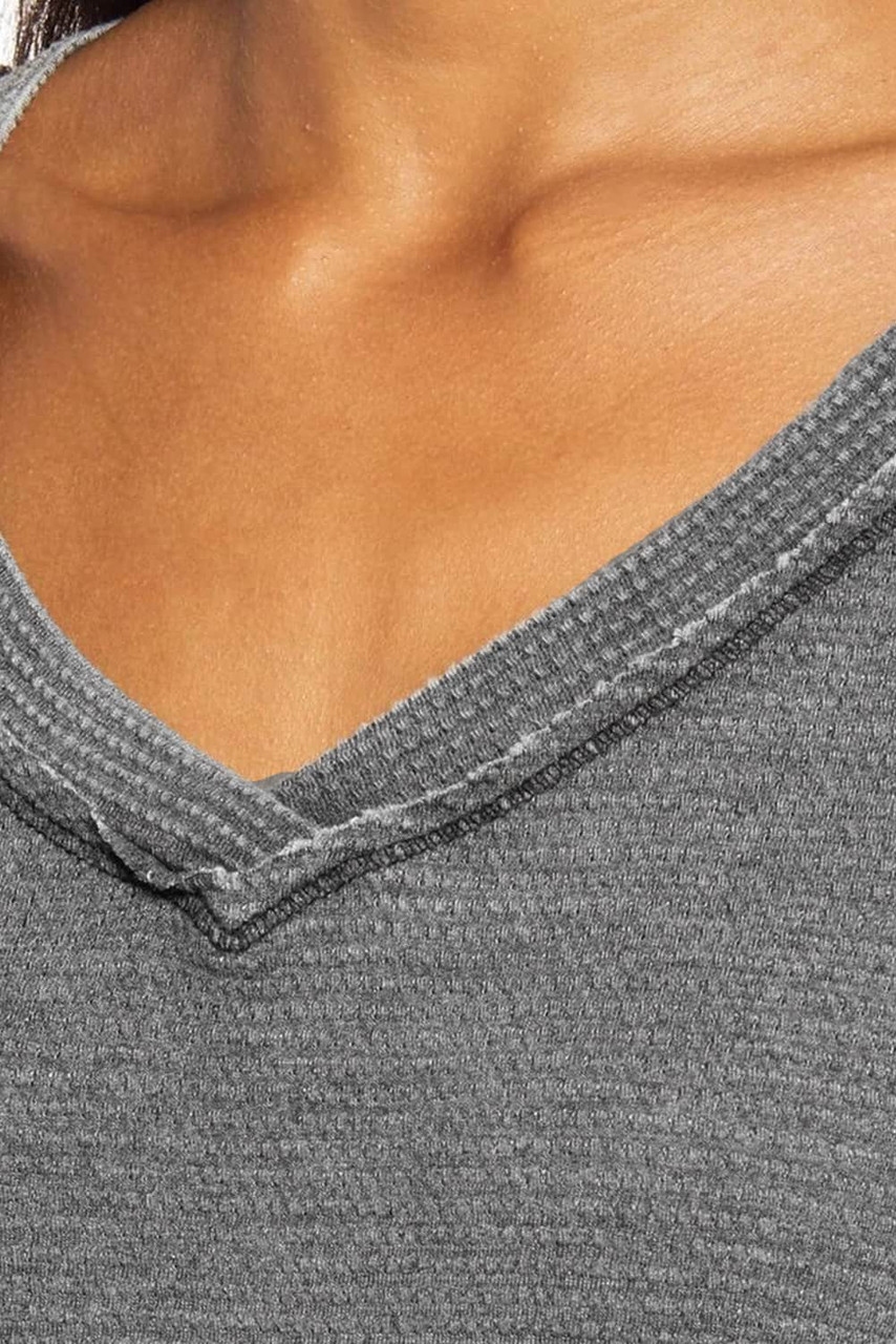 Gray Waffle Knit Seamed Half Sleeve V Neck Top